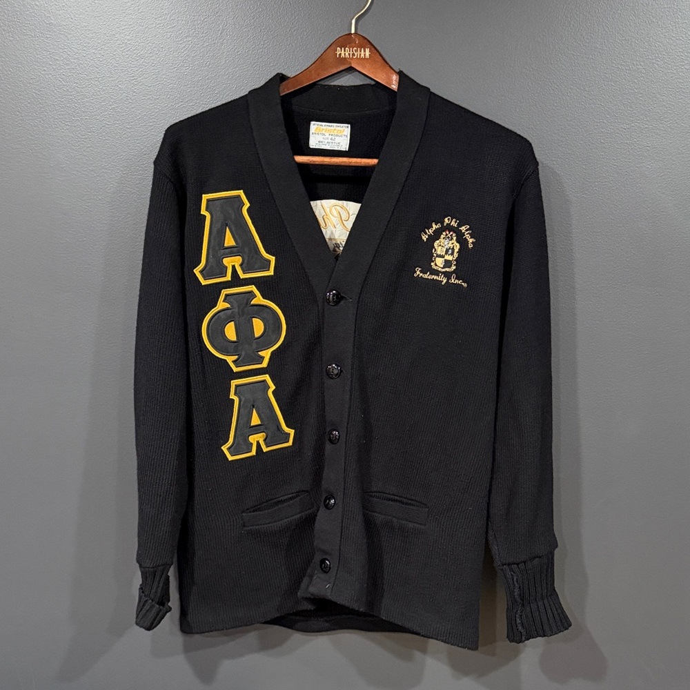 Alpha Phi Alpha Black Cardigan Sweater Divine 9 size 42 Black Gold